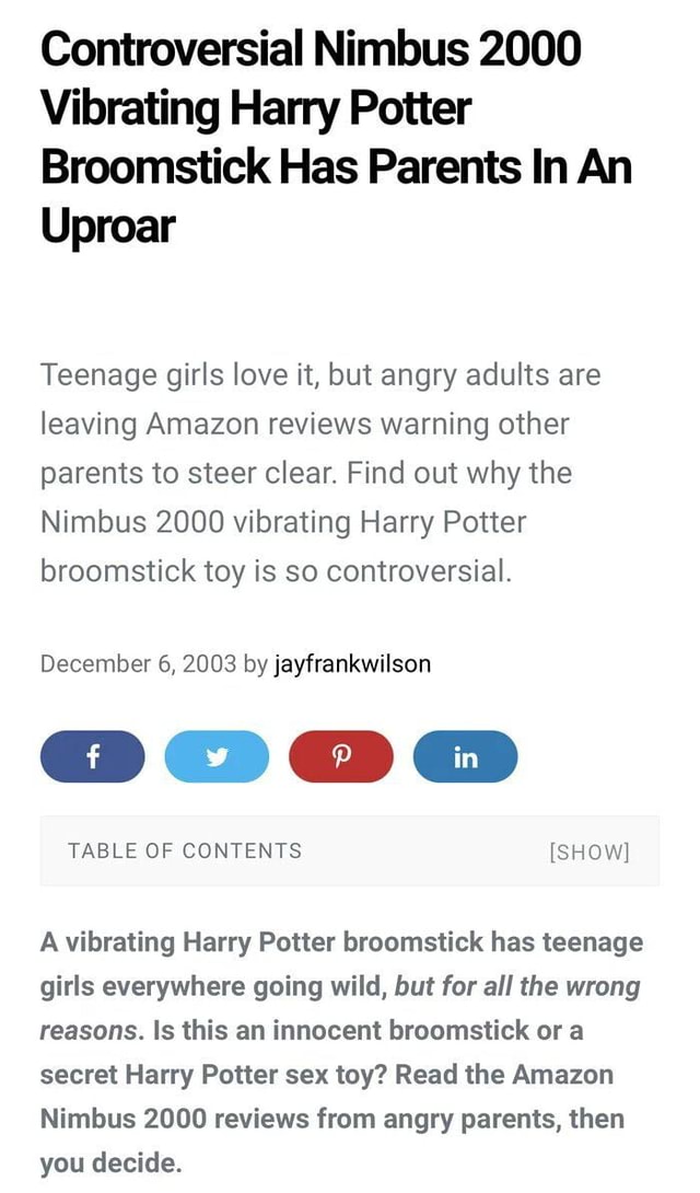 Controversial Nimbus 2000 Vibrating Harry Potter Broomstick Has Parents In  An Uproar Teenage girls love it, but angry adults are leaving Amazon  reviews warning other parents to steer clear. Find out why
