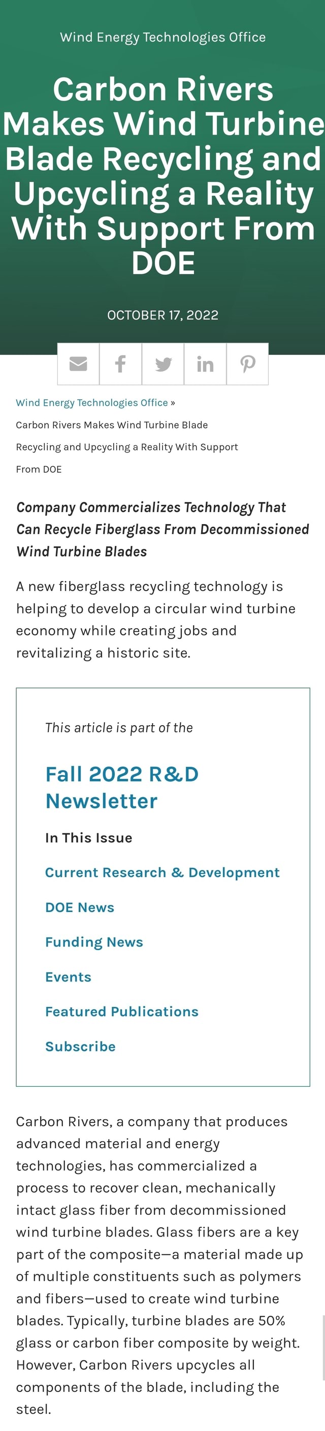 Wind Energy Technologies Office Carbon Rivers Makes Wind Turbine Blade ...